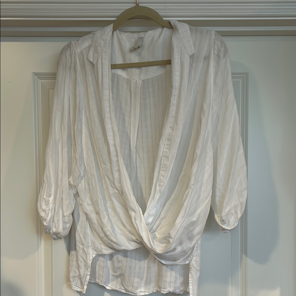 Elan White Wrap Blouse with Puff Sleeves and Notched Collar